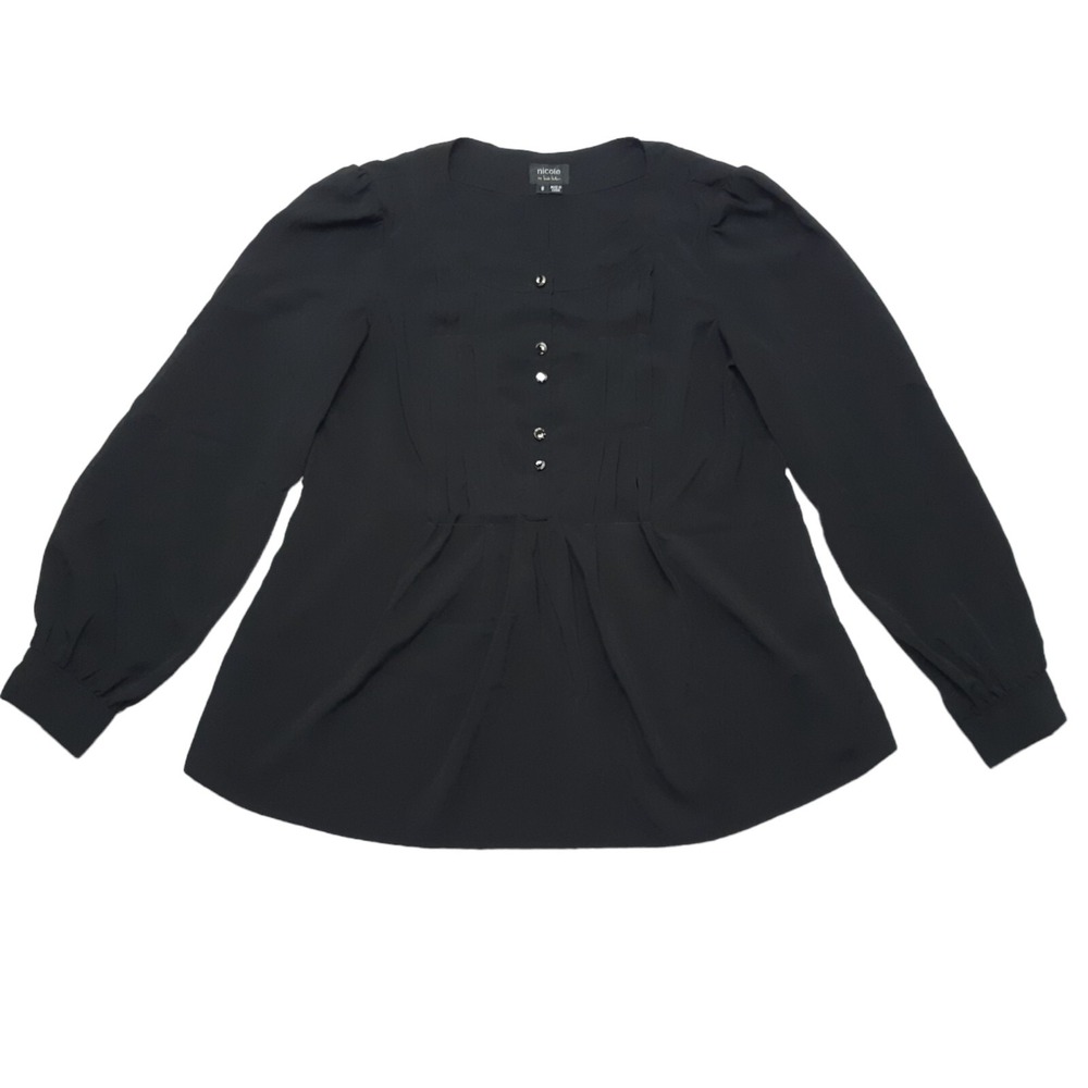 Nicole Miller Blouse Womens 8 Black Pleated Peplum Long Sleeve Minimalist Top